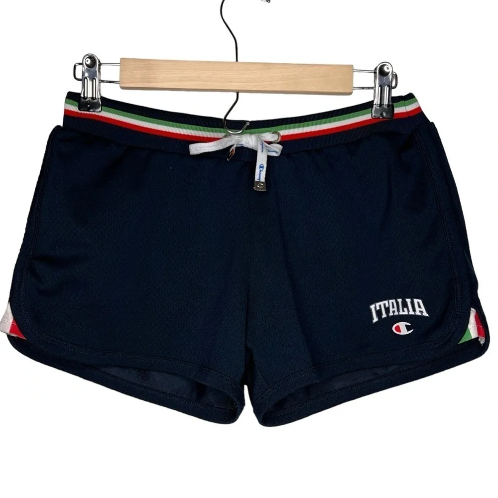 Y2K Champion Women's Heritage Fit Mesh Navy Blue Shorts Size M Italia Stripes